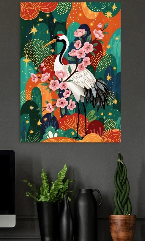 Crane with Cherry Blossoms — metal poster wall art by Lineer